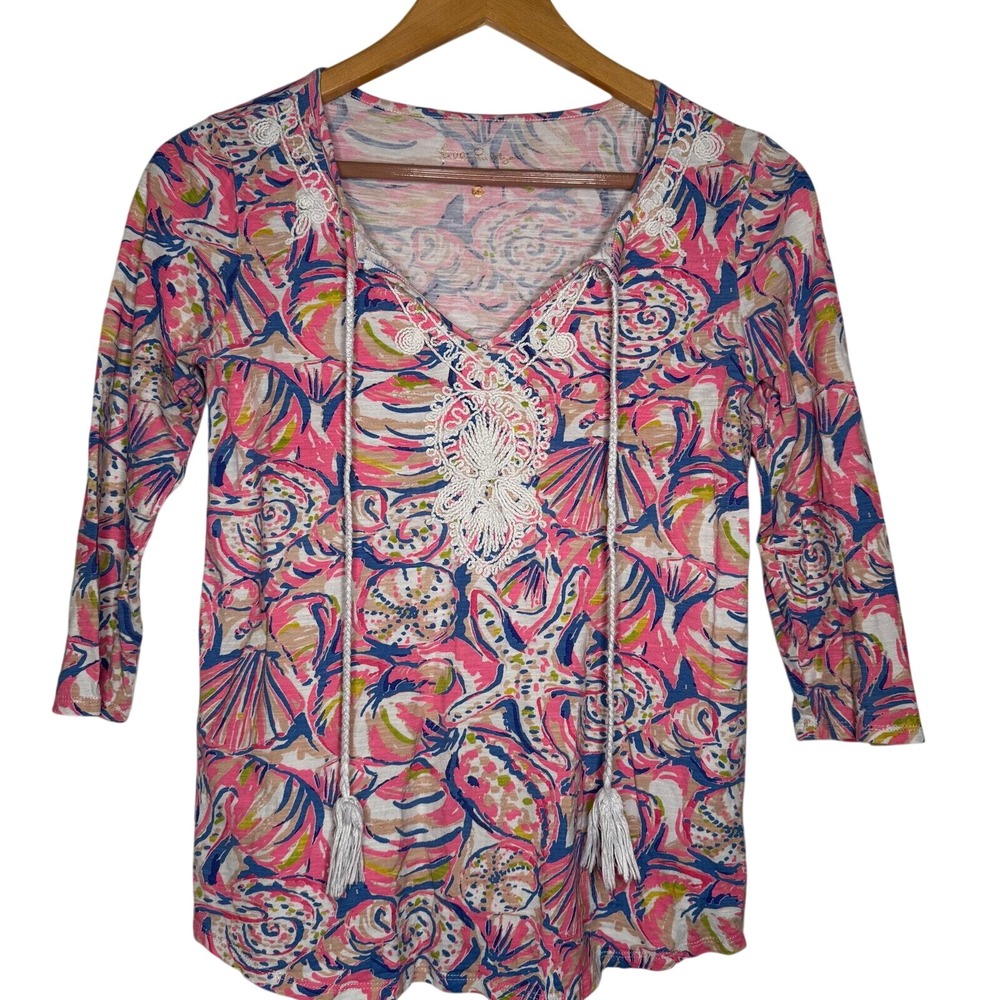 Lilly Pulitzer Women Knit Top Pink Seashell Crochet Tassel Small